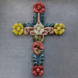 Hand Carved, Painted, Wooden Wall Cross, Folk Art, Floral Reclaimed Wood, 12.5in
